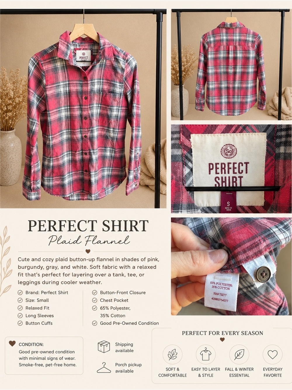 Women’s Pink Plaid Flannel Long Sleeve Shirt - Small